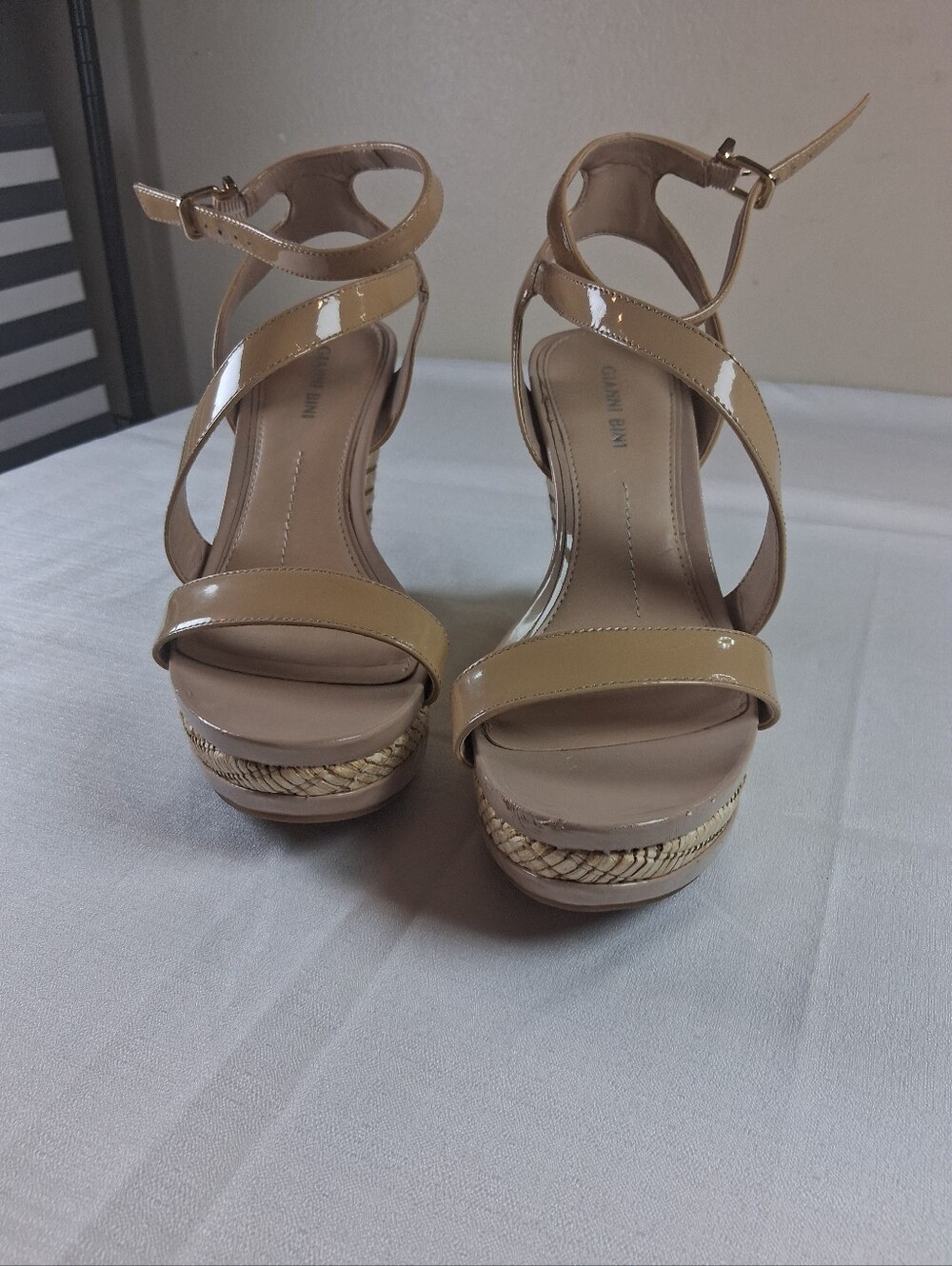 sku382 Gianni Bini Beige Patent Leather Wedge Sandals with Braided Platform
